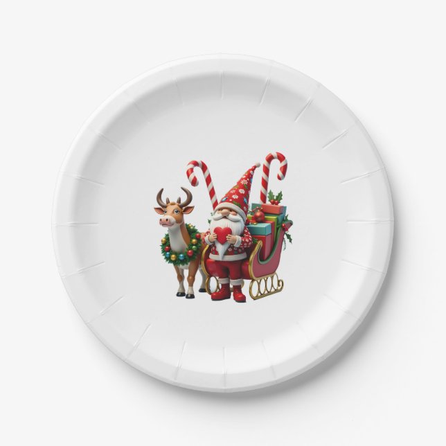 Christmas Light Gnome Santa Claus Riding Sleigh Hi Paper Plates (Front)