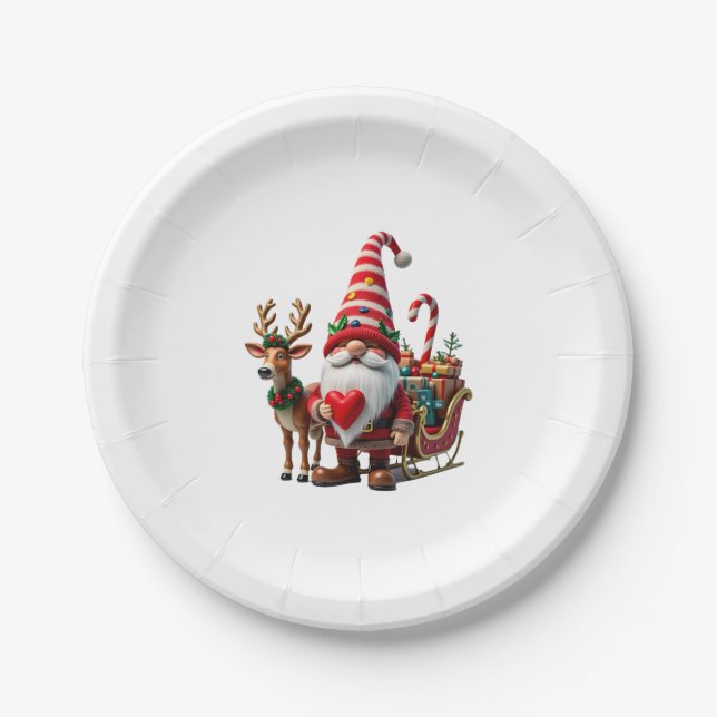 Christmas Light Gnome Santa Claus Riding Sleigh Hi Paper Plates (Front)