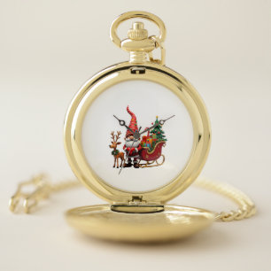 Christmas Light Gnome Santa Claus Riding Sleigh Hi Pocket Watch