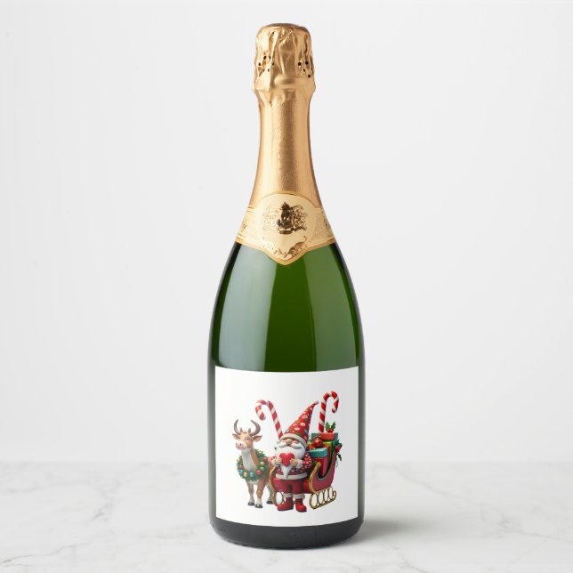 Christmas Light Gnome Santa Claus Riding Sleigh Hi Sparkling Wine Label (Front)