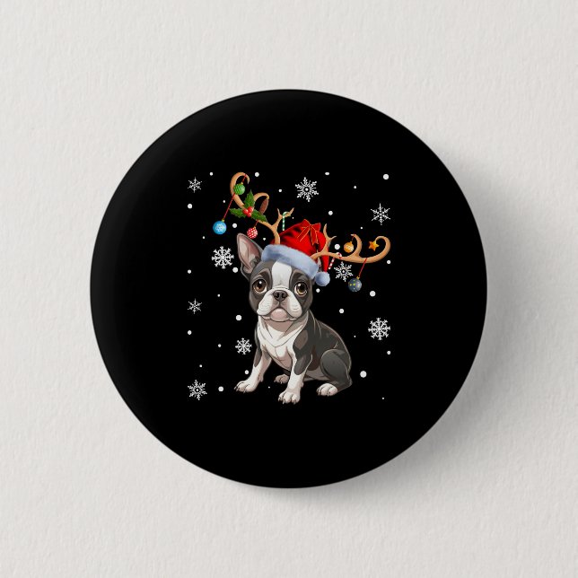 Christmas Light Reindeer Santa Hat Boston Terrier  Button (Front)