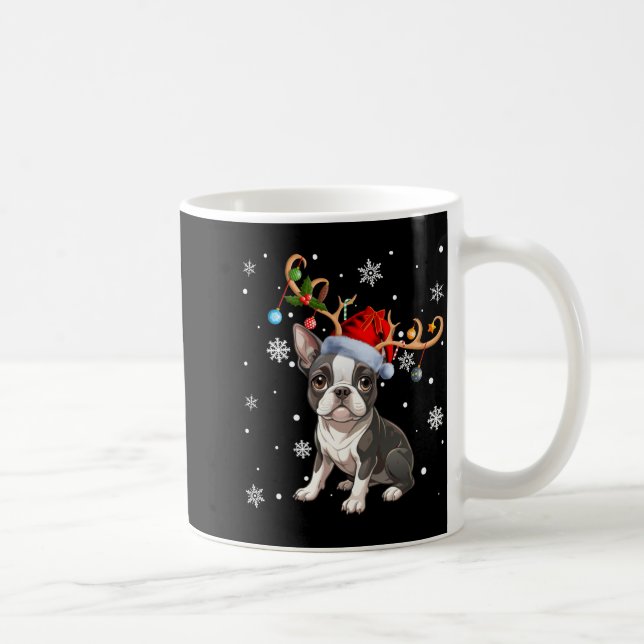 Christmas Light Reindeer Santa Hat Boston Terrier  Coffee Mug (Right)