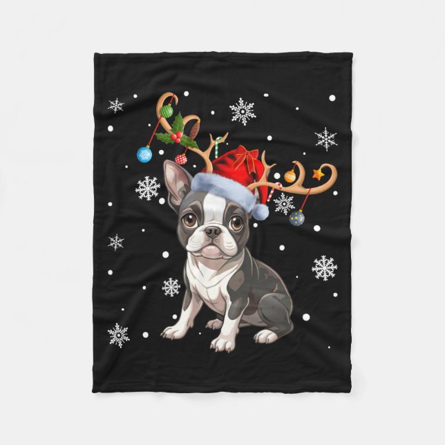 Christmas Light Reindeer Santa Hat Boston Terrier  Fleece Blanket (Front)