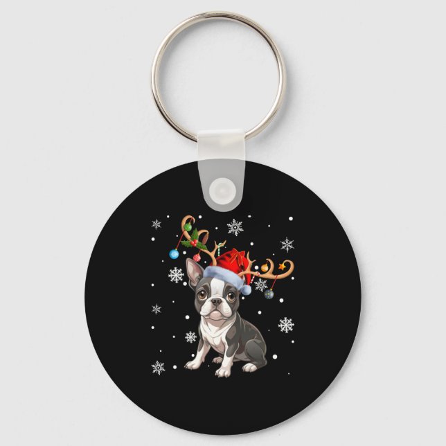 Christmas Light Reindeer Santa Hat Boston Terrier  Keychain (Front)