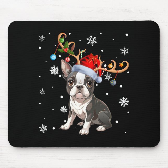 Christmas Light Reindeer Santa Hat Boston Terrier  Mouse Pad (Front)