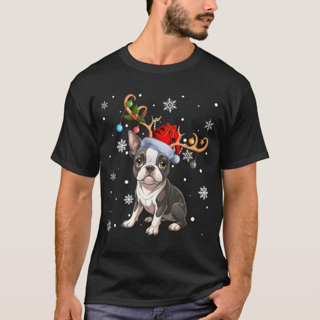 Christmas Light Reindeer Santa Hat Boston Terrier  T-Shirt (Front)