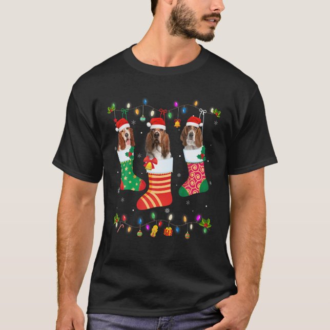 Christmas Light Three Basset Hound Dog In Christma T-Shirt (Front)