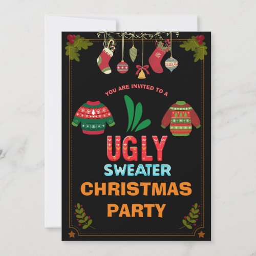 Christmas Light Ugly Sweater Party Black Theme Invitation