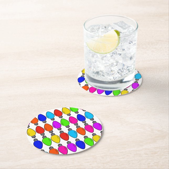 Christmas Lightbulbs Pattern Round Paper Coaster (Insitu)