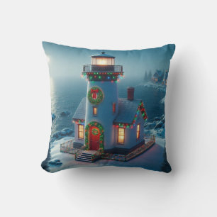 Christmas lighthouse, Coastal Christmas décor Throw Pillow