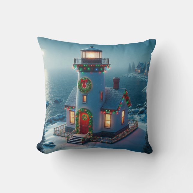 Christmas lighthouse, Coastal Christmas décor Throw Pillow (Front)