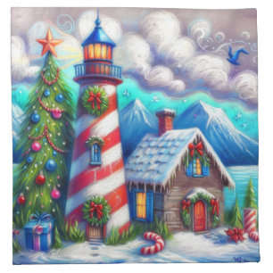Christmas Lighthouse Nautical Coastal Mountain Cloth Napkin