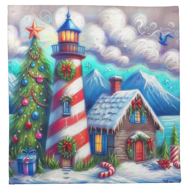 Christmas Lighthouse Nautical Coastal Mountain Cloth Napkin (Front)