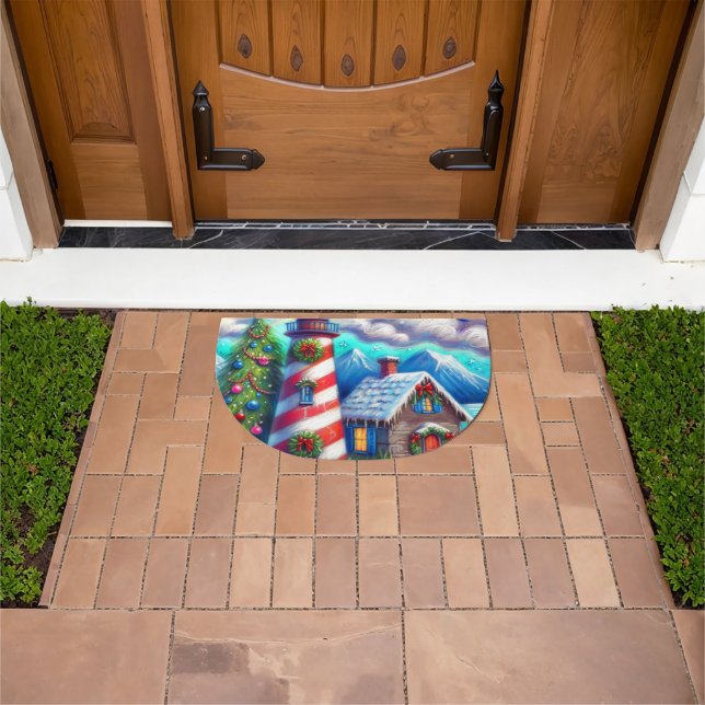 Christmas Lighthouse Nautical Coastal Mountain Doormat (Outdoor)