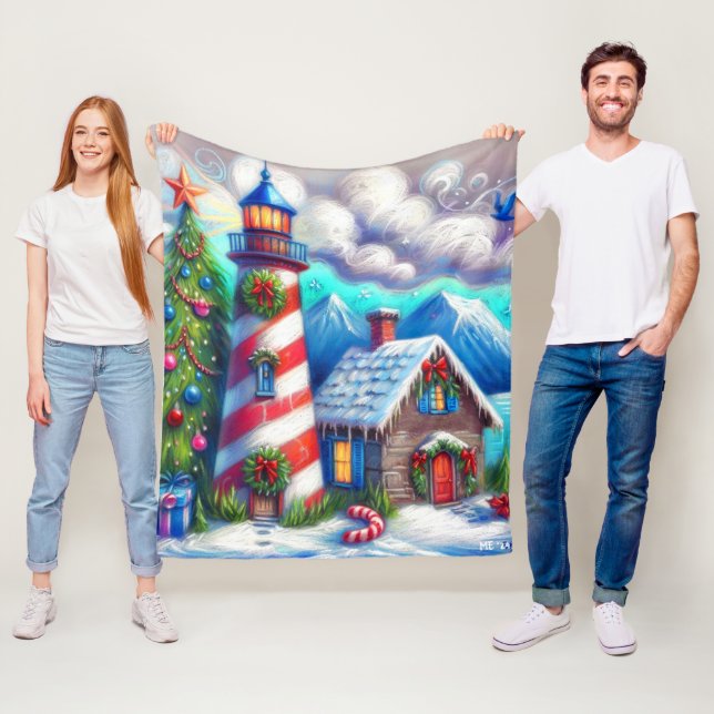 Christmas Lighthouse Nautical Coastal Mountain Fleece Blanket (In Situ)