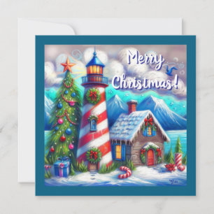 Christmas Lighthouse Nautical Coastal Mountain Holiday Card