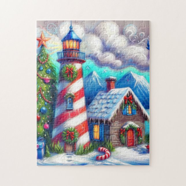 Christmas Lighthouse Nautical Coastal Mountain Jigsaw Puzzle (Vertical)