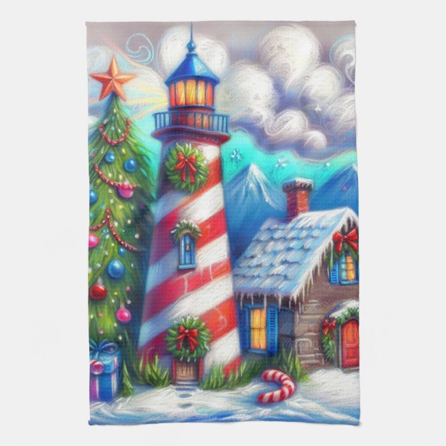 Christmas Lighthouse Nautical Coastal Mountain Kitchen Towel (Vertical)