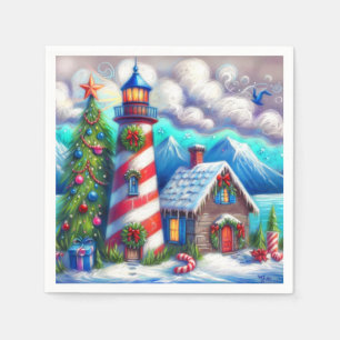 Christmas Lighthouse Nautical Coastal Mountain Napkins