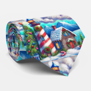 Christmas Lighthouse Nautical Coastal Mountain Neck Tie