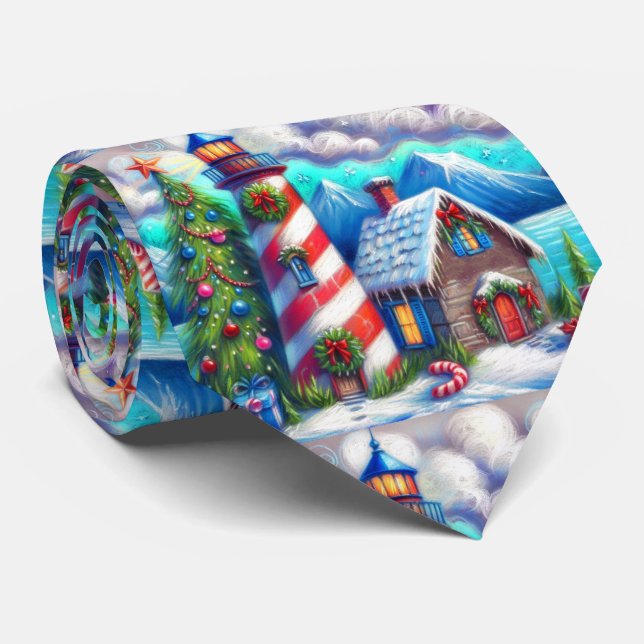Christmas Lighthouse Nautical Coastal Mountain Neck Tie (Rolled)