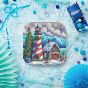 Christmas Lighthouse Nautical Coastal Mountain Paper Plates