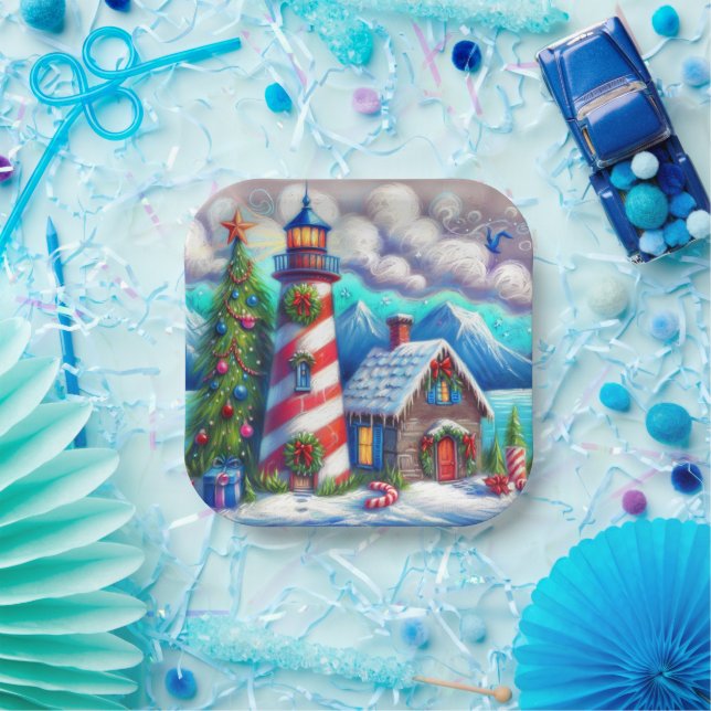 Christmas Lighthouse Nautical Coastal Mountain Paper Plates (Party)