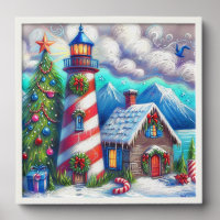 Christmas Lighthouse Nautical Coastal Mountain