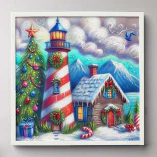 Christmas Lighthouse Nautical Coastal Mountain Peel And Stick Photo Tile