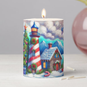 Christmas Lighthouse Nautical Coastal Mountain Pillar Candle