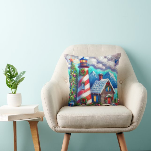 Christmas Lighthouse Nautical Coastal Mountain Throw Pillow (Chair)