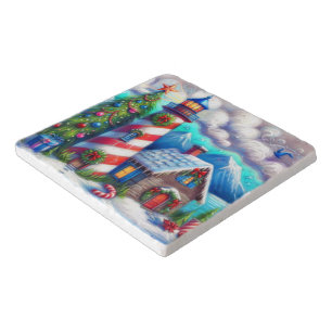Christmas Lighthouse Nautical Coastal Mountain Trivet