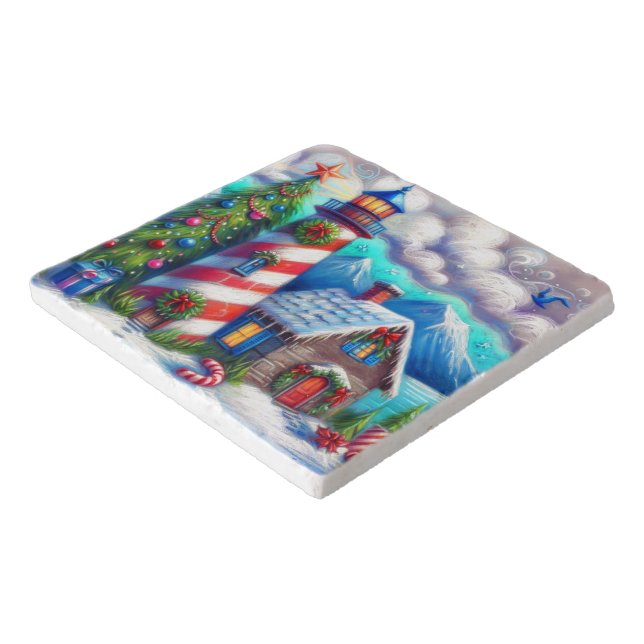 Christmas Lighthouse Nautical Coastal Mountain Trivet (Corner)