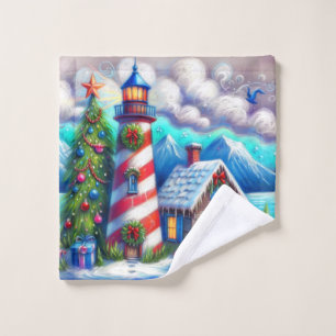 Christmas Lighthouse Nautical Coastal Mountain Wash Cloth