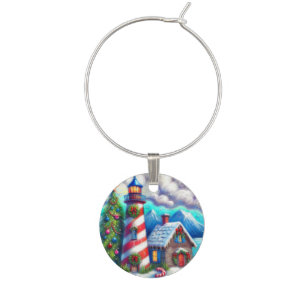 Christmas Lighthouse Nautical Coastal Mountain Wine Charm