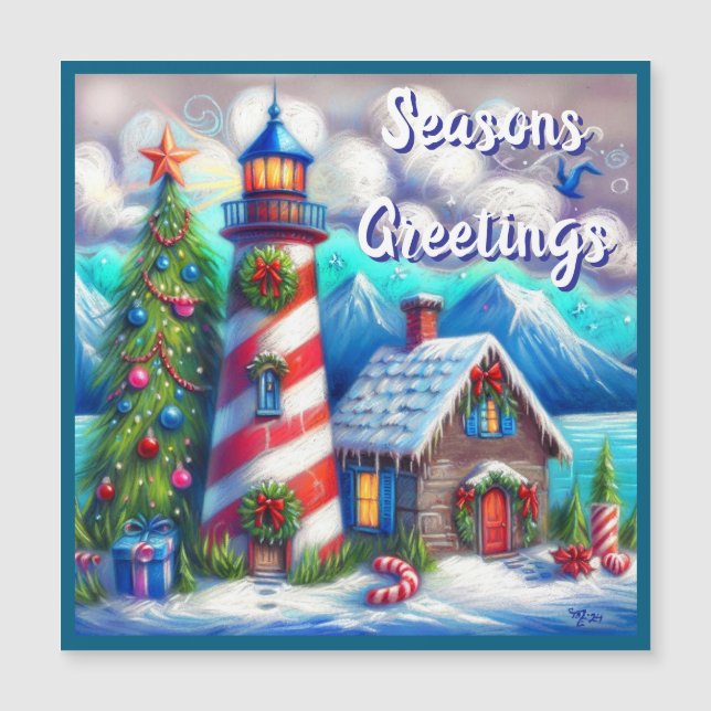 Christmas Lighthouse Nautical Magnetic Card (Front)