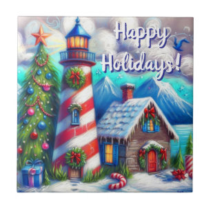 Christmas Lighthouse Nautical Personalized Ceramic Tile