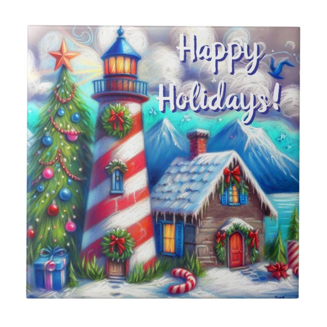 Christmas Lighthouse Nautical Personalized Ceramic Tile (Front)