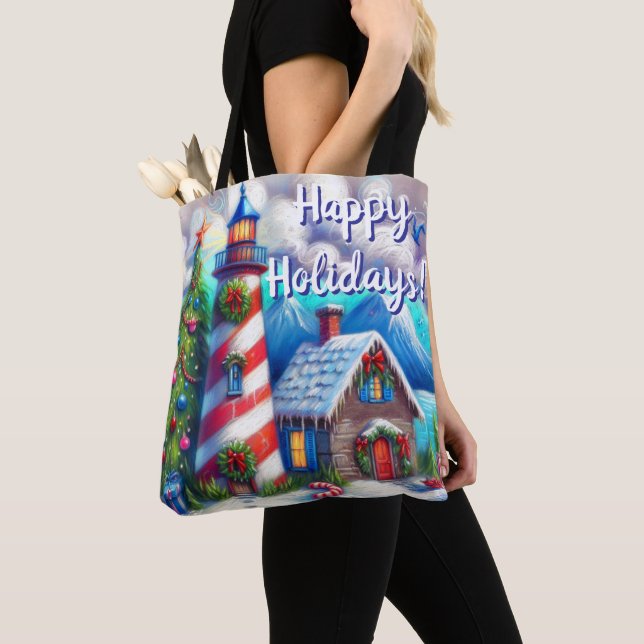 Christmas Lighthouse Nautical Personalized Tote Bag (Close Up)
