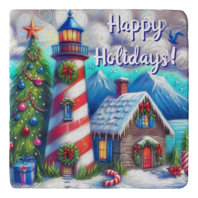 Christmas Lighthouse Nautical Personalized Trivet (Front)