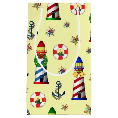 Christmas Lighthouse Nautical Yellow Background Small Gift Bag