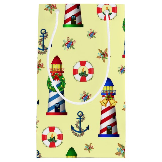 Christmas Lighthouse Nautical Yellow Background Small Gift Bag (Front)
