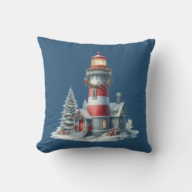 Christmas Lighthouse Throw Pillow (Front)