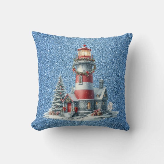 Christmas Lighthouse Throw Pillow (Front)