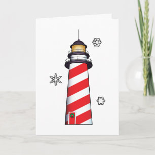 Christmas Lighthouse with Stripes and Snowflakes Holiday Card