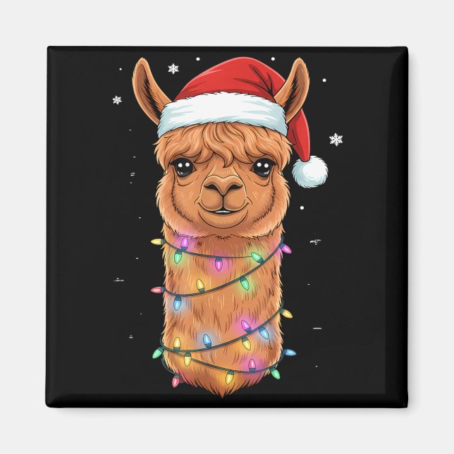 Christmas Lights Alpaca Santa Hat Llama Cute Xmas  Magnet (Front)