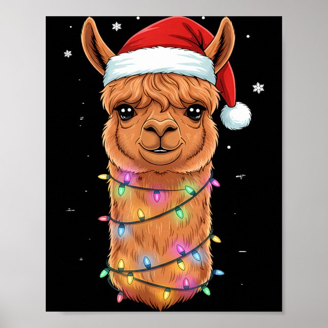 Christmas Lights Alpaca Santa Hat Llama Cute Xmas  Poster (Front)