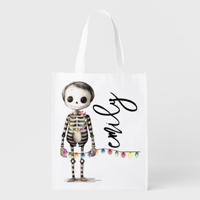Christmas lights and cute skeleton grocery bag (Front)