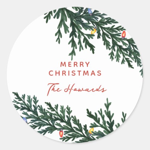 Christmas Lights and Greenery Classic Round Sticker