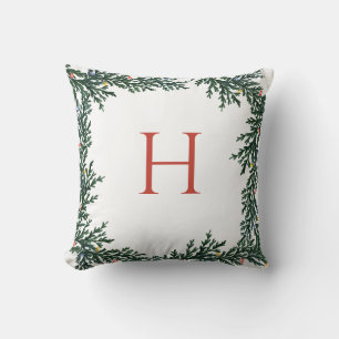 Christmas Lights and Greenery Monogram Throw Pillow